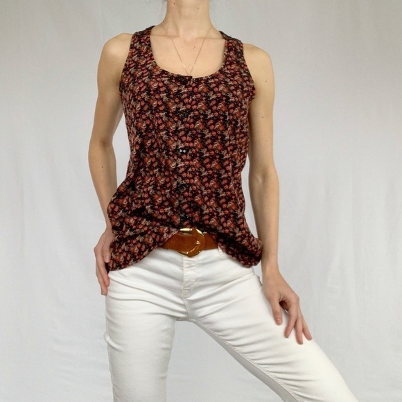 Limité floral roses criss cross back tank top fits S black and red woman - Picture 6 of 16